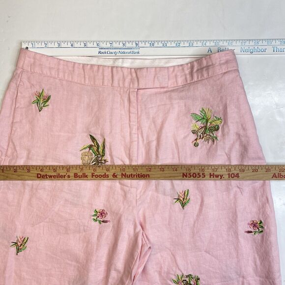 Rosanna Linen Wide Leg Crop Pant 14 (32"Waist) Pink Embroidered Monkeys Tropical - Picture 2 of 12